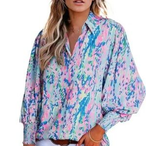 Women's Floral Print Long Sleeve Blouse - Pink and Blue size Medium by Temfolan
